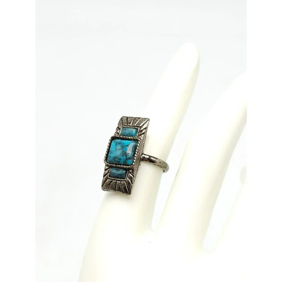 Faux Blue Turquoise Southwest Silver Tone Vintage 1970s Rectangle Ring Size 7 - Picture 2 of 5